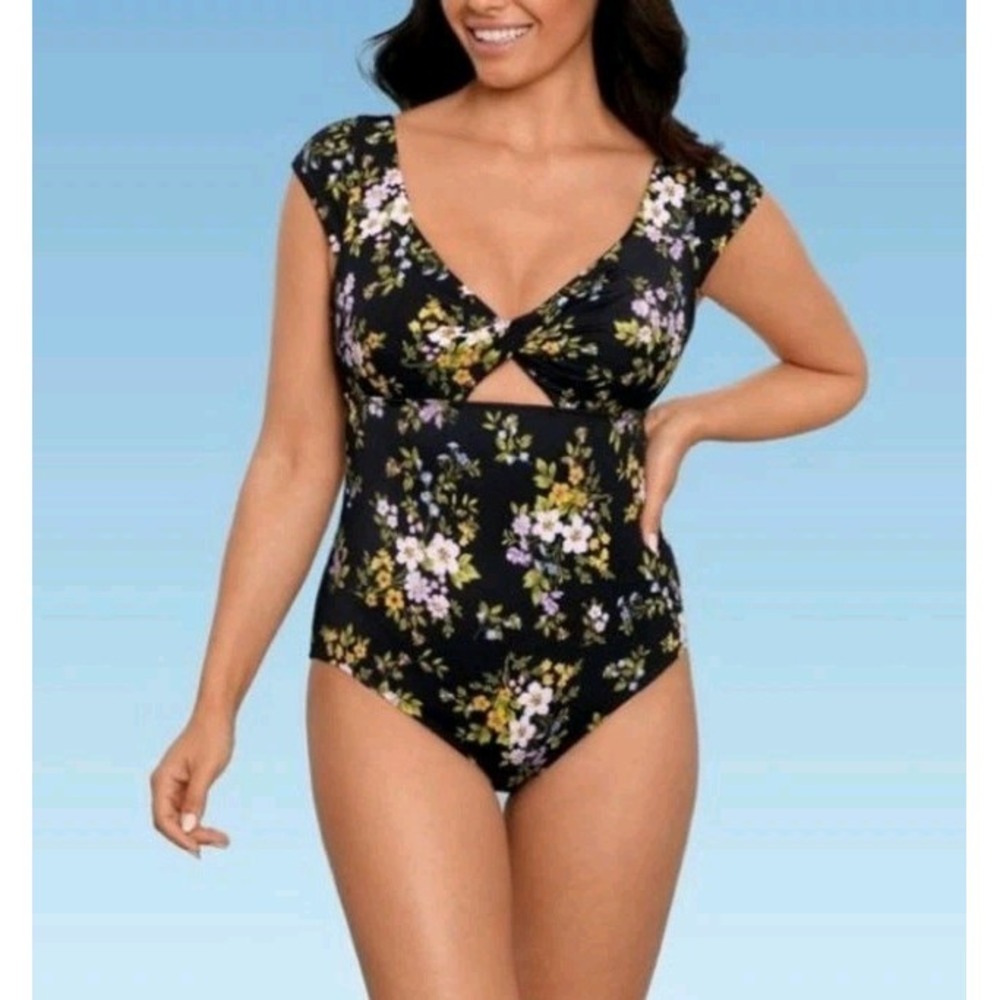 Beach Betty‎ by Miracle Brands One Piece Swimsuit Womens Large Floral Cap Sleeve